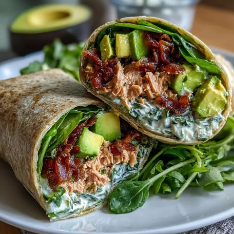 Fresh avocado tuna wraps filled with spinach, creamy and protein-rich for a quick healthy meal.