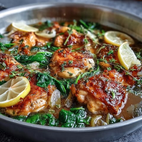 One-Pot Lemon Orzo with Chicken and Spinach in a creamy skillet, featuring tender chicken, fresh spinach, and zesty lemon flavor.