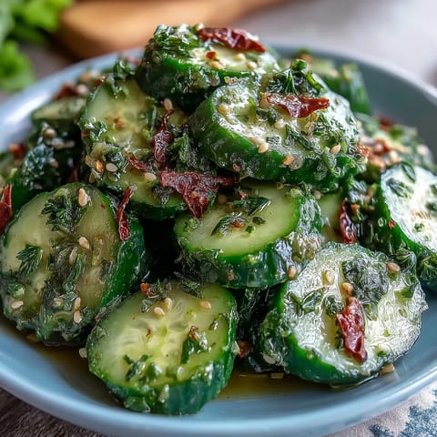Crispy smashed cucumbers tossed with vibrant garlic chili oil and fresh scallions in a tangy Asian-inspired dressing.