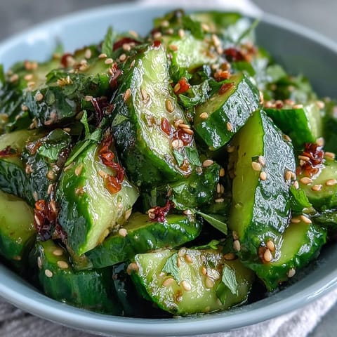 A refreshing smashed cucumber salad with bold garlic chili oil, sesame, and soy dressing—perfect for warm weather meals.