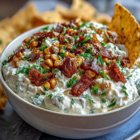 Creamy elote dip with charred corn, cotija cheese, and lime, served with crispy tortilla chips for a perfect party appetizer.