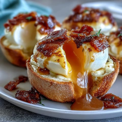 Classic Eggs Benedict with creamy hollandaise sauce, poached eggs, and Canadian bacon on toasted English muffins—perfect for a luxurious brunch spread.