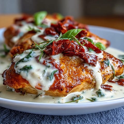 Creamy Tuscan Chicken with Sun-Dried Tomatoes in a skillet, golden-seared chicken breasts smothered in a rich, garlicky Parmesan cream sauce.
