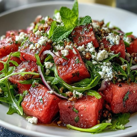 Juicy watermelon and peppery arugula combine with creamy feta in this refreshing summer salad.  