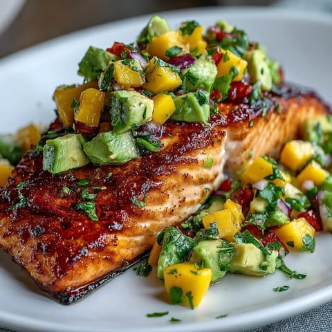 Baked salmon with mango avocado salsa on a plate, topped with fresh cilantro and lime wedges for a bright, healthy meal.