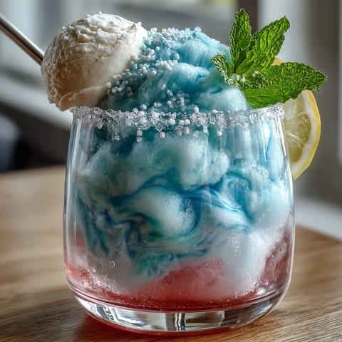 Cotton Candy Lemonade Float: Vibrant pink lemonade with fluffy cotton candy and a scoop of vanilla ice cream in a festive glass.
