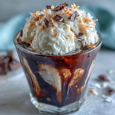 Creamy coconut cold brew float with vanilla ice cream, a tropical delight.