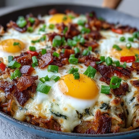 Rich Father's Day Breakfast Loaded Hash Brown Skillet, bubbling with eggs and cheese.