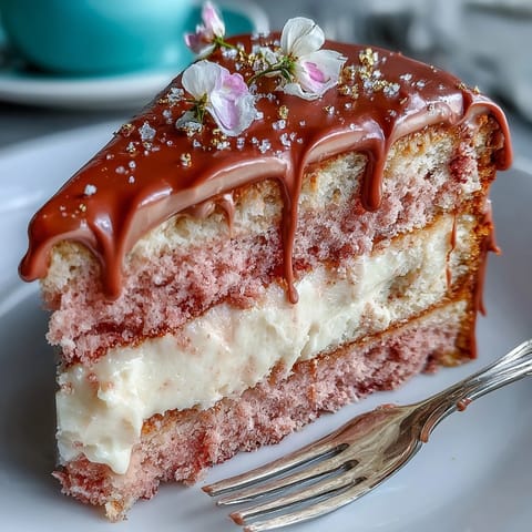 A gorgeous Rosé Velvet Cake with a shimmering gold accent, ready for celebration.