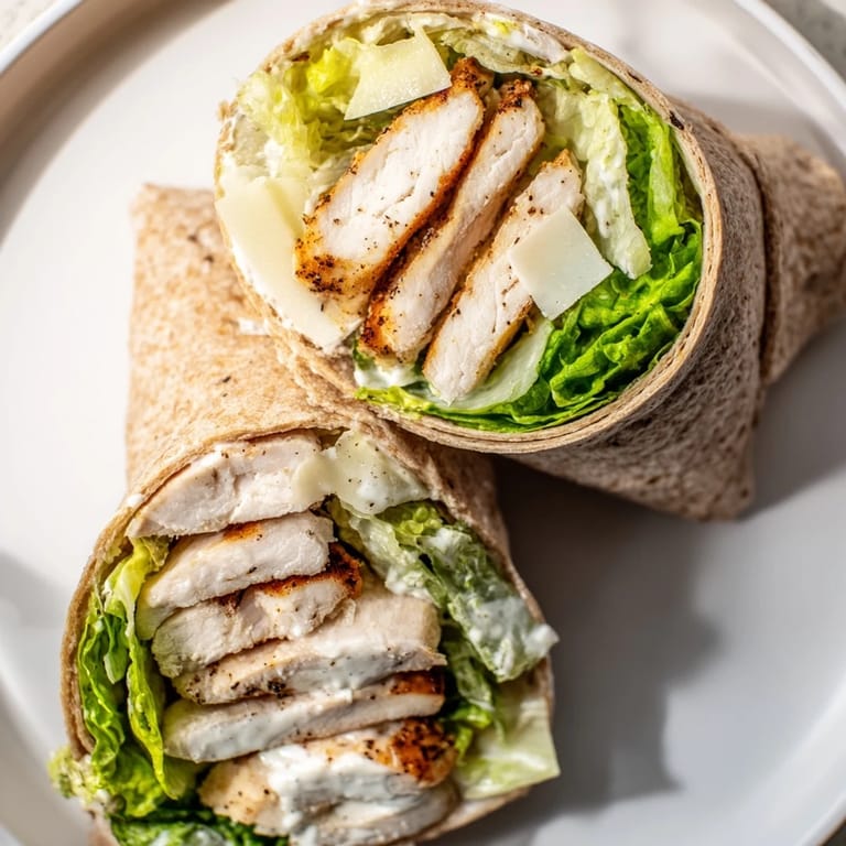 A fresh and inviting Chicken Caesar Wrap, filled with savory grilled chicken and creamy dressing.