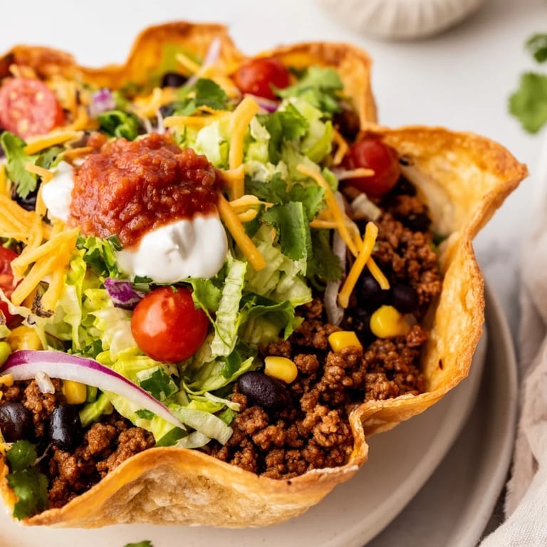 Enjoy a delicious Taco Salad with layers of flavorful beef, cheese, and vibrant vegetables in a crisp bowl.