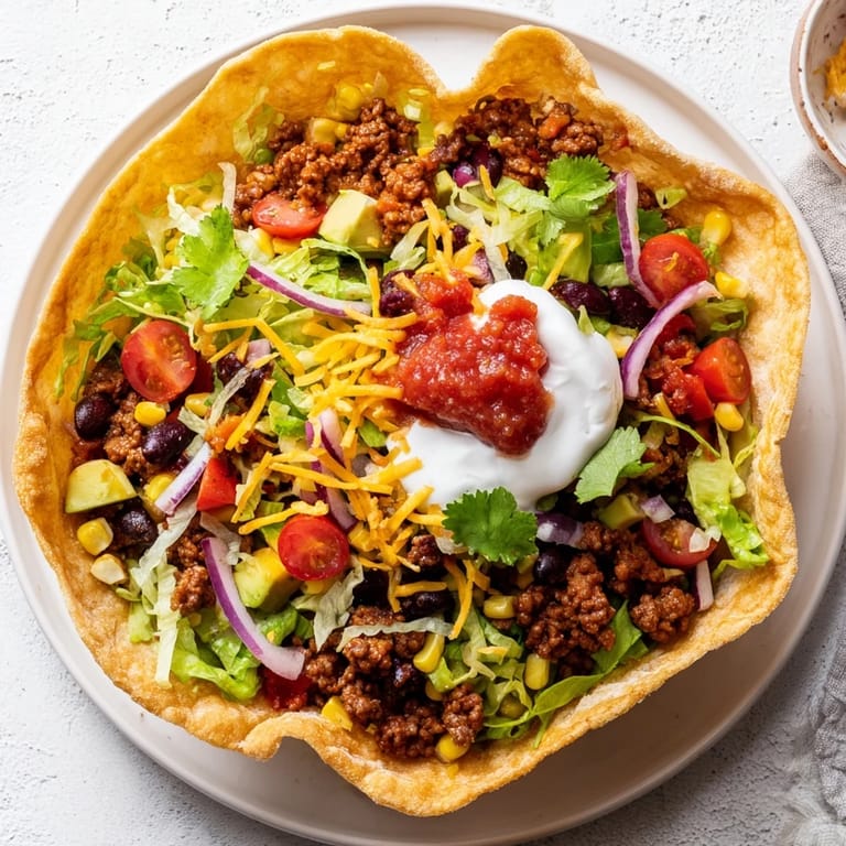 This Taco Salad features a delightful mix of textures and flavors, from the crunchy tortilla to the juicy tomatoes.