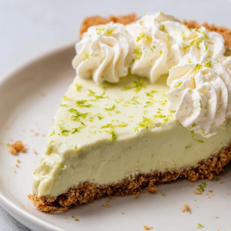 A slice of Key Lime Pie with a flaky crust, showcasing the tartness of the filling alongside whipped topping.