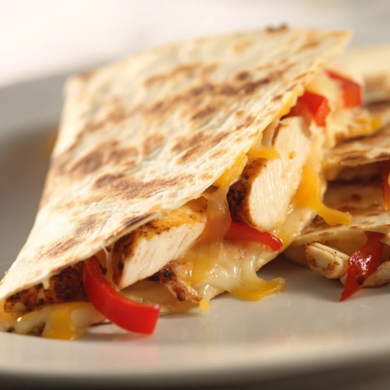 Close-up of a perfectly grilled Chicken Quesadilla, oozing melted cheese and savory chicken filling.