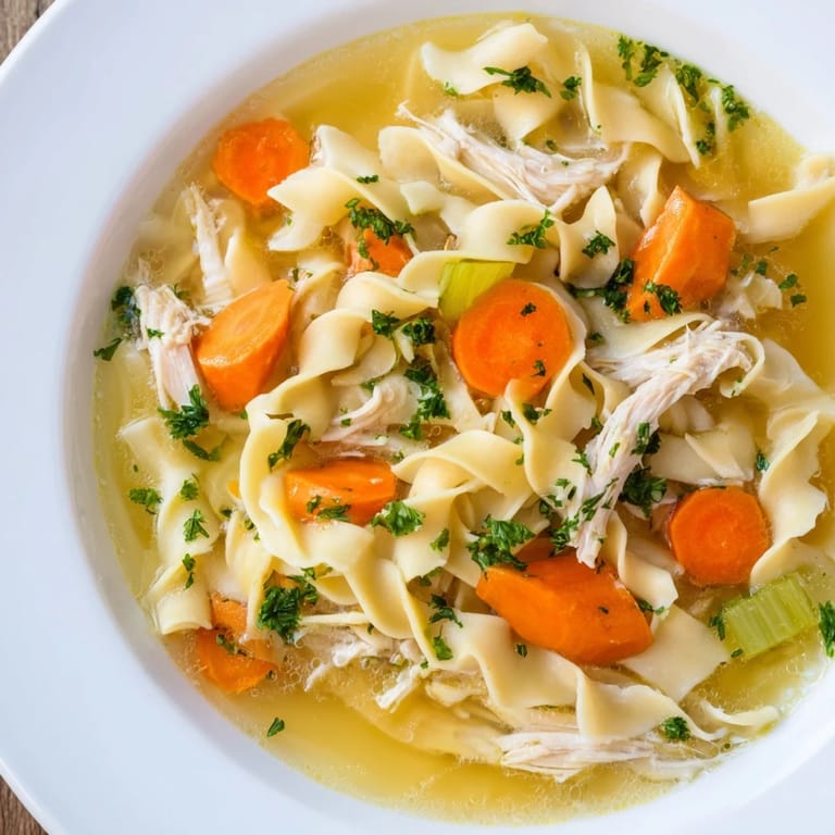 Chicken Noodle Soup with carrots and celery, perfect for a cozy homemade comfort food dinner.