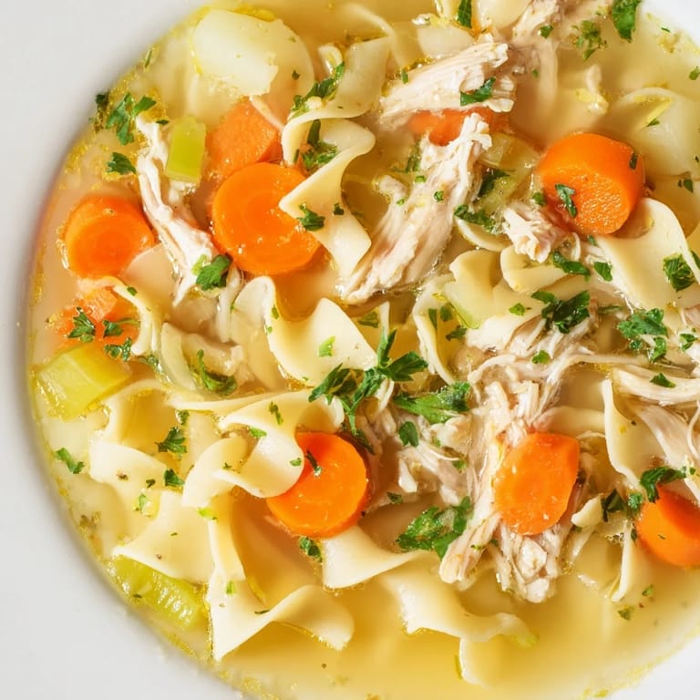 Close-up of hearty Chicken Noodle Soup served with fresh parsley, ready to warm you up.