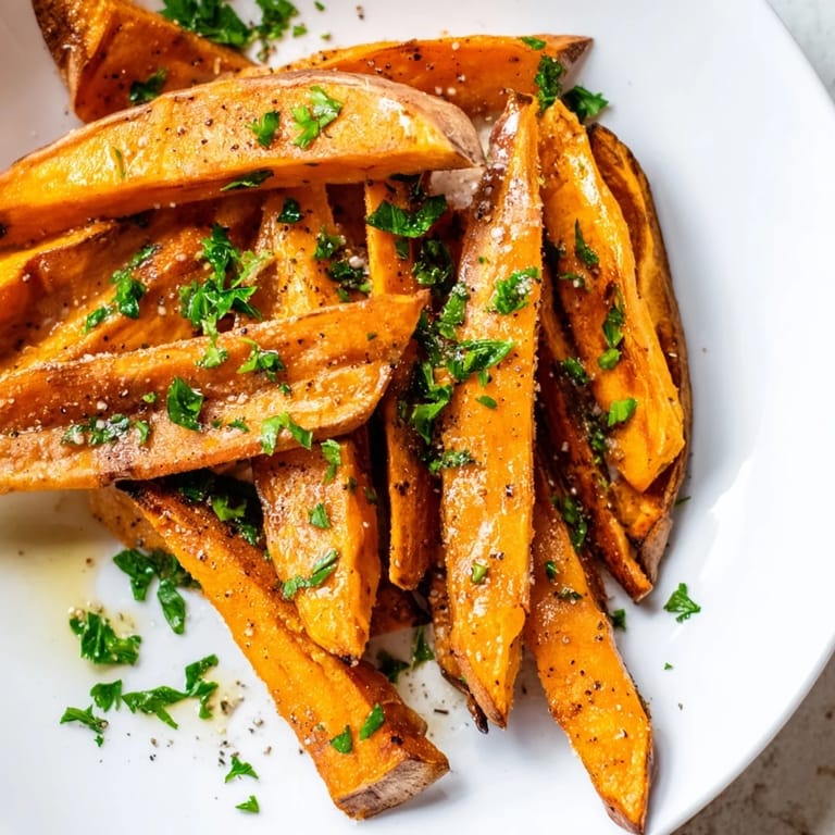 A close-up of perfectly seasoned sweet potato fries, ready for dipping and enjoying.
