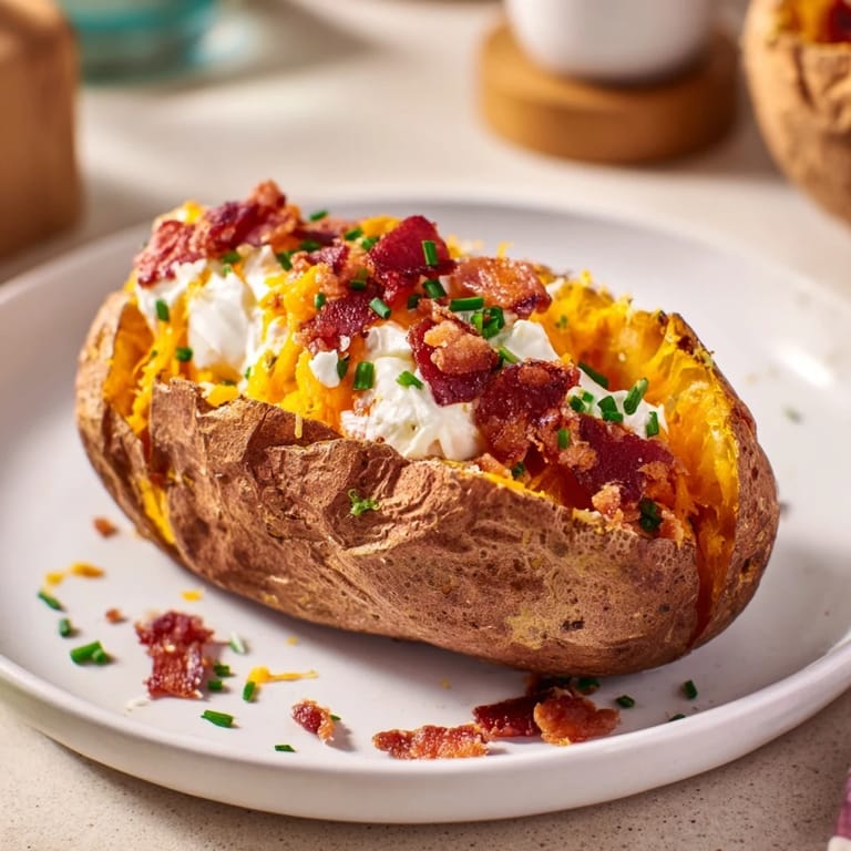 A generously portioned Loaded Baked Potato, showing rich toppings like sour cream and crispy bacon bits.