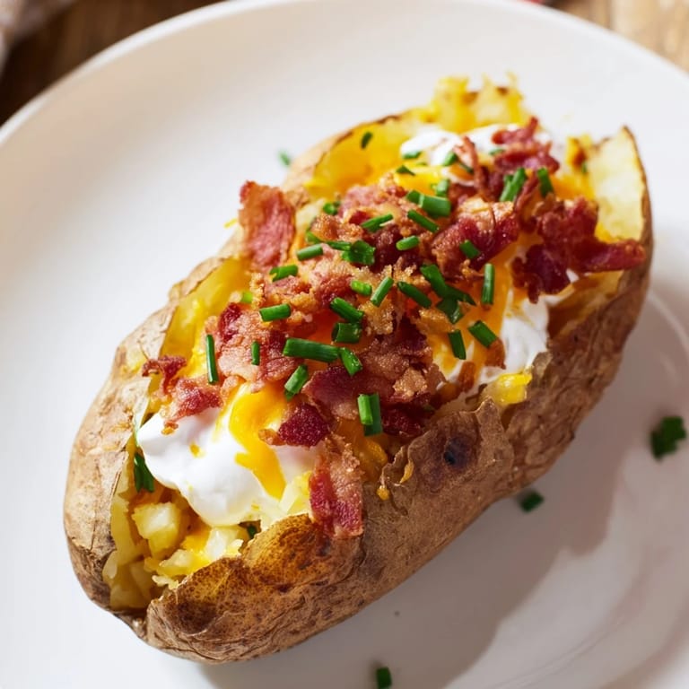 This Loaded Baked Potato is ready to eat, filled with savory cheese and butter; a perfect comfort food.
