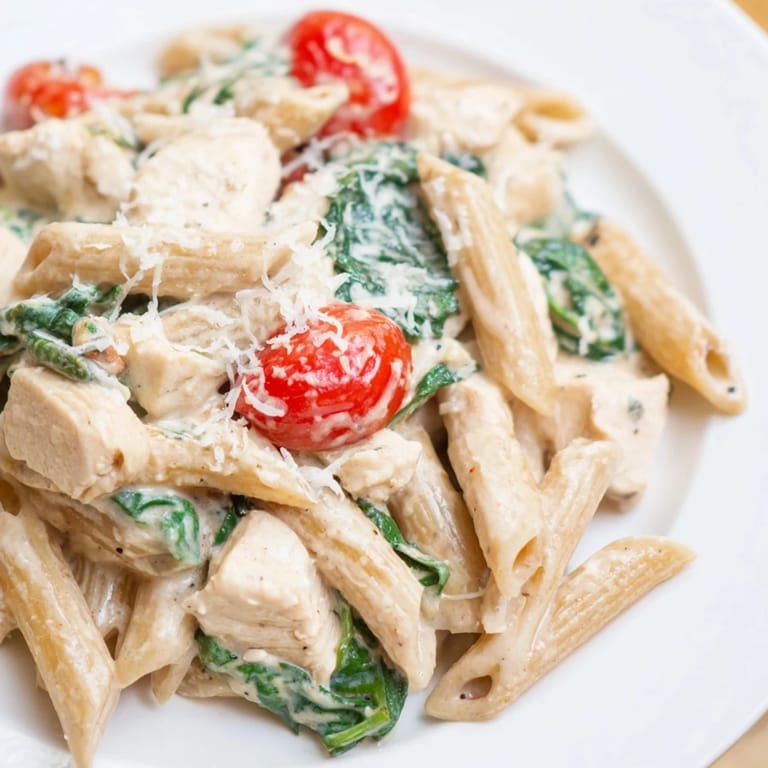 Greek Yogurt Chicken Pasta served family-style on a wooden table, featuring a creamy sauce with cherry tomatoes and spinach, alongside a crisp green salad.