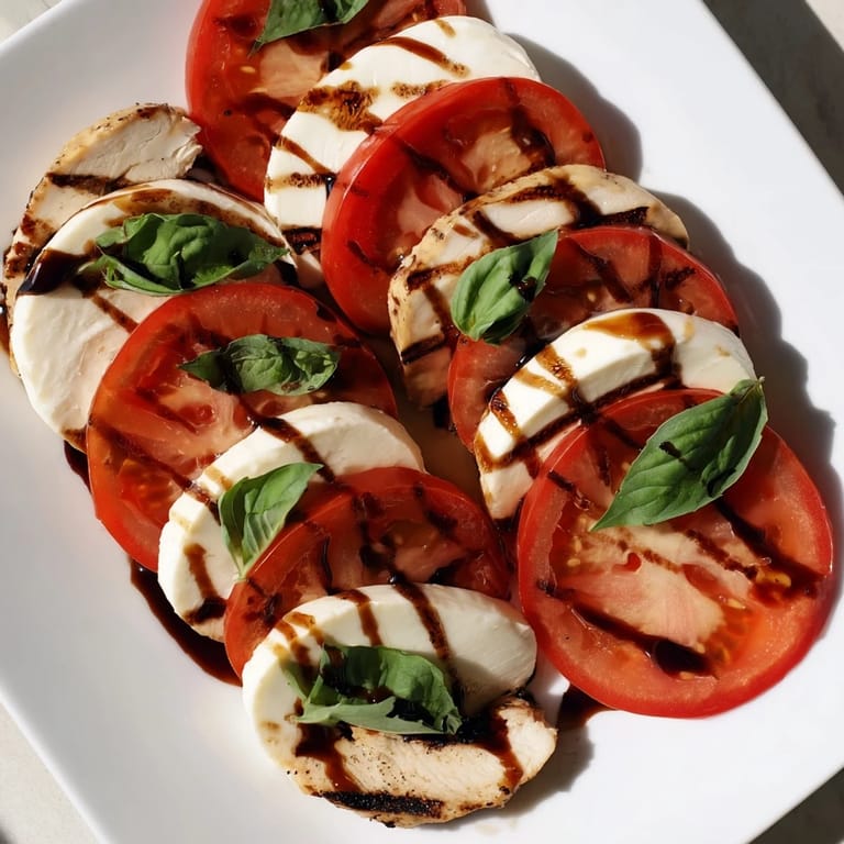 Sliced grilled chicken, juicy tomatoes, and creamy mozzarella are artfully arranged over fresh basil leaves in this easy Chicken Caprese Salad.