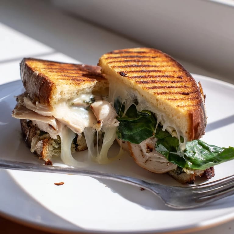 Sliced Chicken Pesto Panini with fresh basil pesto, tender grilled chicken, and juicy tomato on a white plate.  