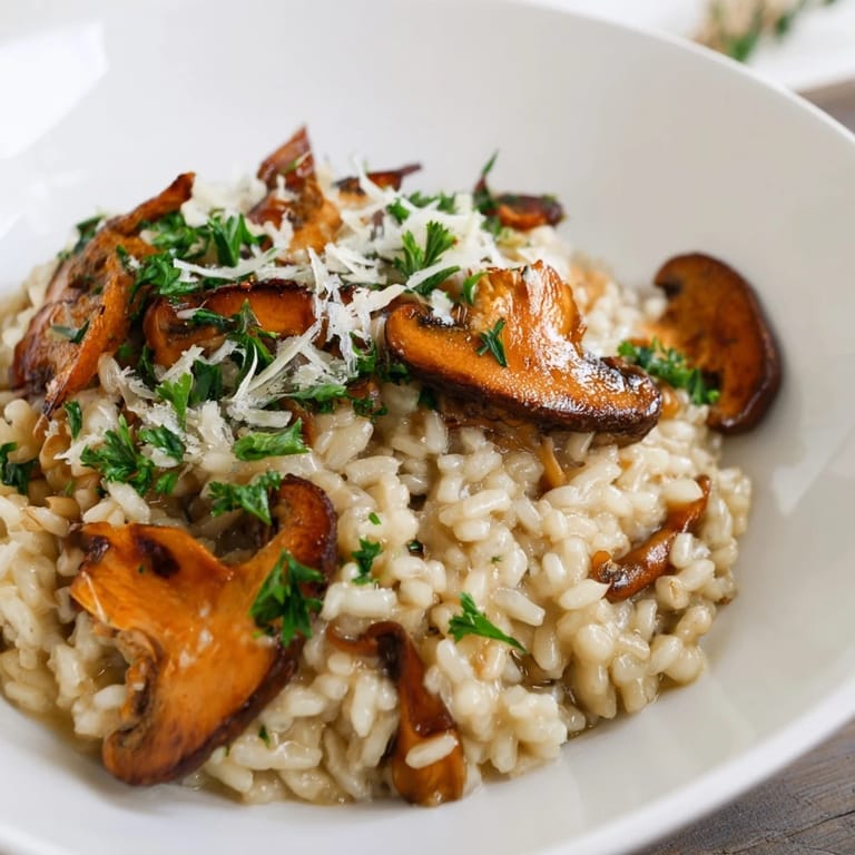 Close-up of rich, vegetarian mushroom risotto, with a fork resting beside tender, caramelized cremini and shiitake mushrooms.