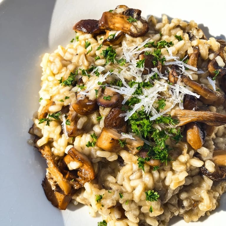 Savory roasted mushroom risotto in a warm bowl, featuring a spoonful of creamy, cheesy rice ready to be served.