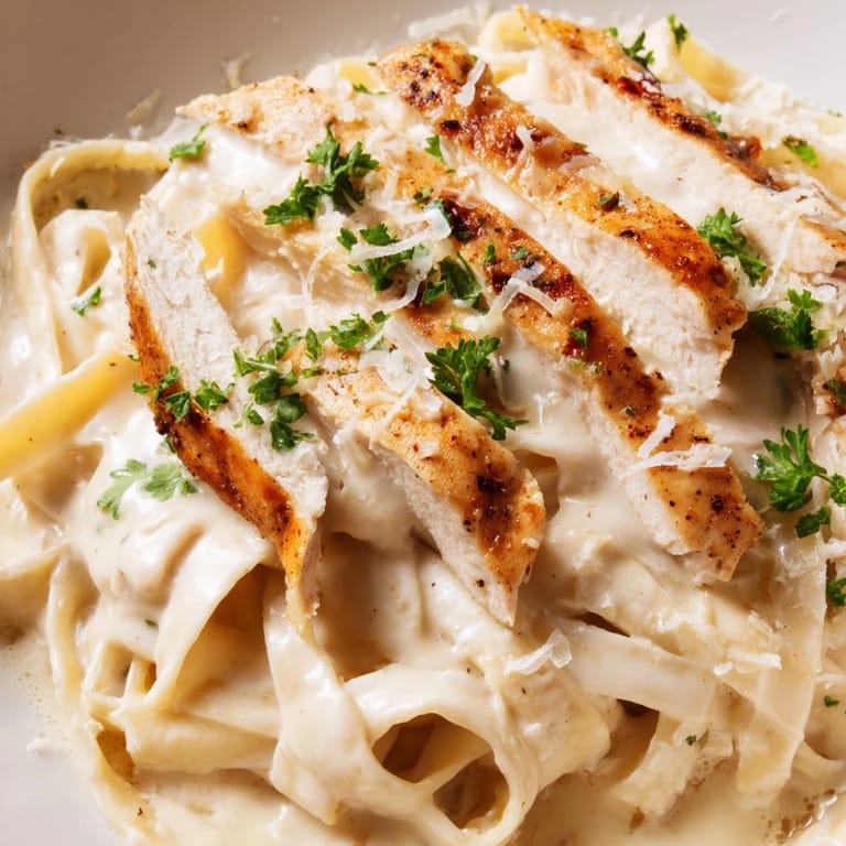 Close-up view of golden-brown Cajun chicken strips mixed into creamy Alfredo pasta, highlighting the aromatic herbs and melted cheese.