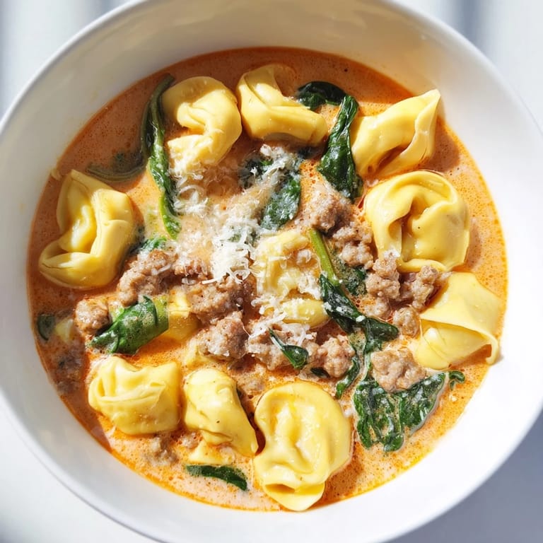 Hearty Tuscan Tortellini Soup served with crusty bread on a wooden table, perfect cozy dinner.