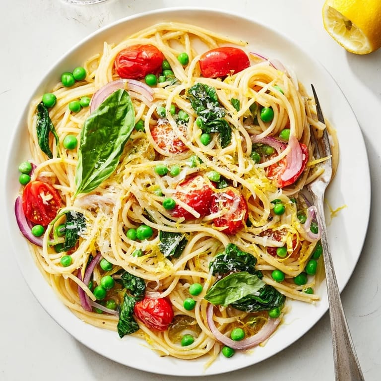 A close-up of Spring Veggie One-Pot Spaghetti with basil leaves and grated Parmesan cheese melting into the sauce.