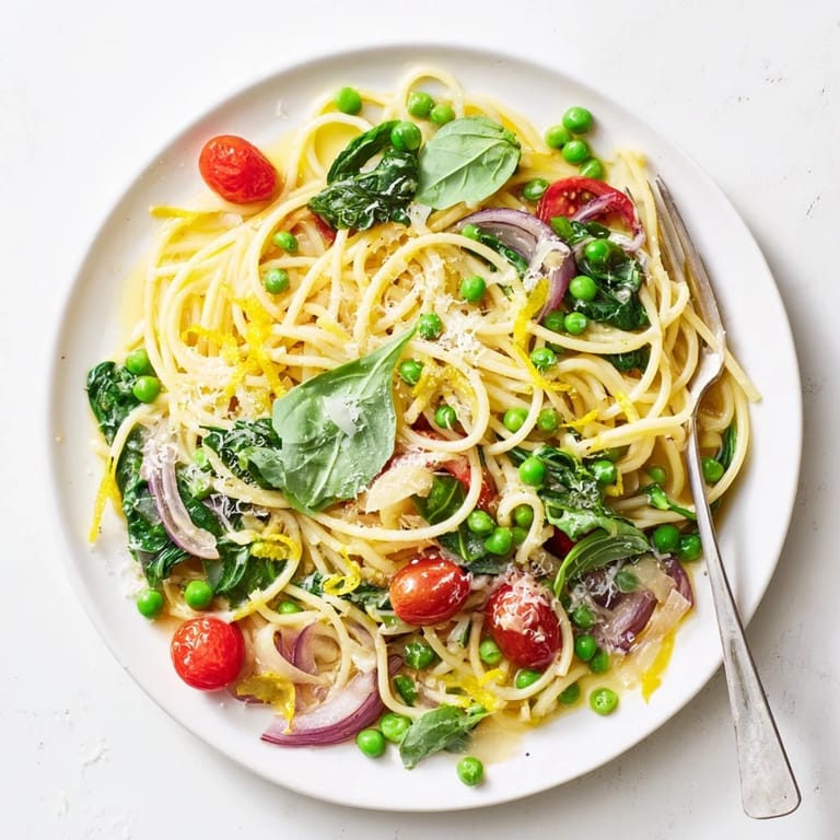Colorful Spring Veggie One-Pot Spaghetti served with a lemon wedge and a glass of crisp white wine.