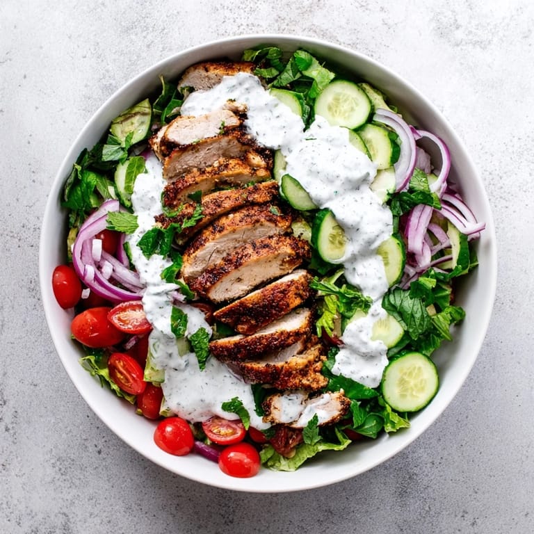 Tender, golden Chicken Shawarma Salad Bowl served over mixed greens, ready for a hearty and healthy dinner in under 35 minutes.