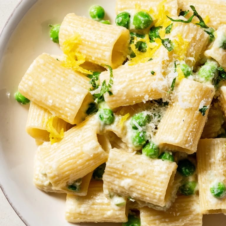 Steam rises from a bowl of Pea & Lemon Ricotta Pasta, mixing vibrant peas and grated Parmesan into a silky lemon ricotta sauce, ready for a spring dinner.  