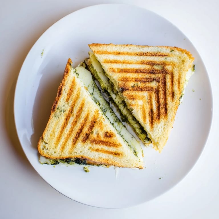 A close-up of a sourdough pesto grilled cheese, showcasing the vibrant green basil spread and gooey cheese layers.