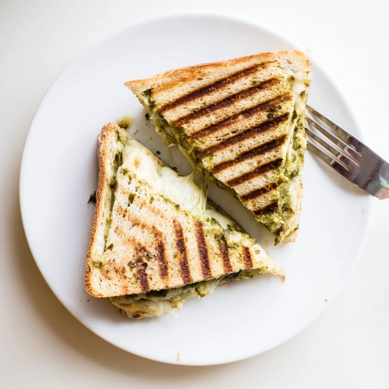 Two halves of a sourdough pesto grilled cheese resting on a wooden board, ready to be dipped in tomato soup.