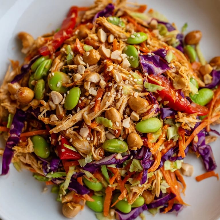 Close-up of Edamame Crunch Chicken Salad with edamame, shredded cabbage, carrots, and toasted sesame seeds, garnished with green onions.