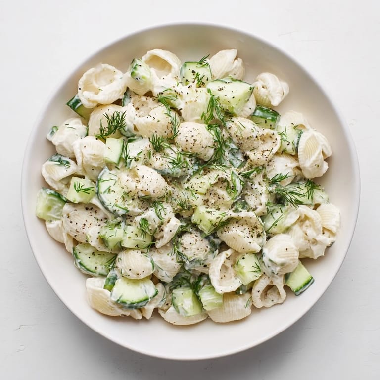 Cold Cucumber Crunch Pasta Salad tossed in tangy dressing, finished with everything bagel seasoning for extra texture.  