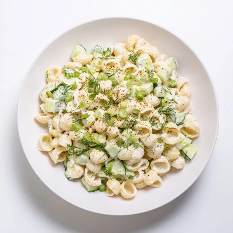 Summer-friendly Cucumber Crunch Pasta Salad in a clear bowl, paired with grilled chicken for an easy lunch.