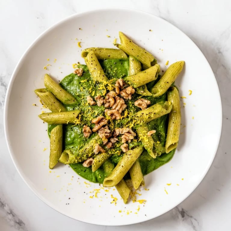 A comforting, vegan creamy spinach walnut pasta with lemon zest and olive oil, perfect for a quick weeknight dinner.