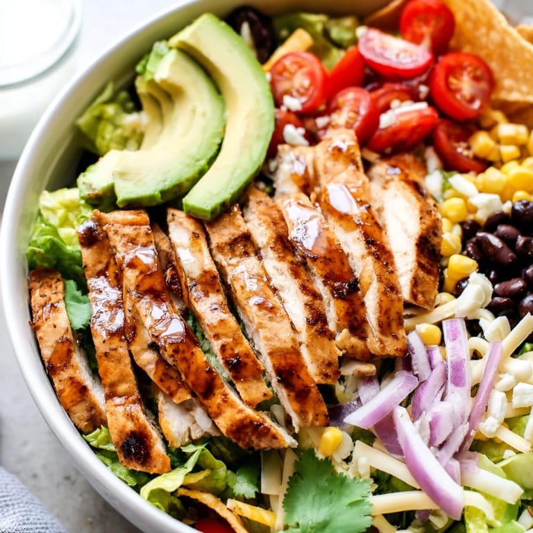 A close-up of Honey Lime Chicken Taco Salad with fresh cilantro, shredded cheese, and a honey-lime dressing drizzle glistening on top.