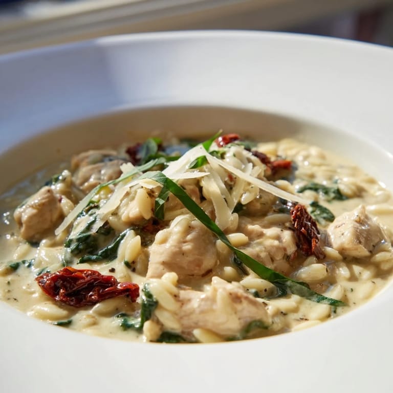 Fresh basil and grated Parmesan garnish this one-pan Italian meal, highlighting the vibrant colors and rich flavors of the Tuscan Chicken Orzo.