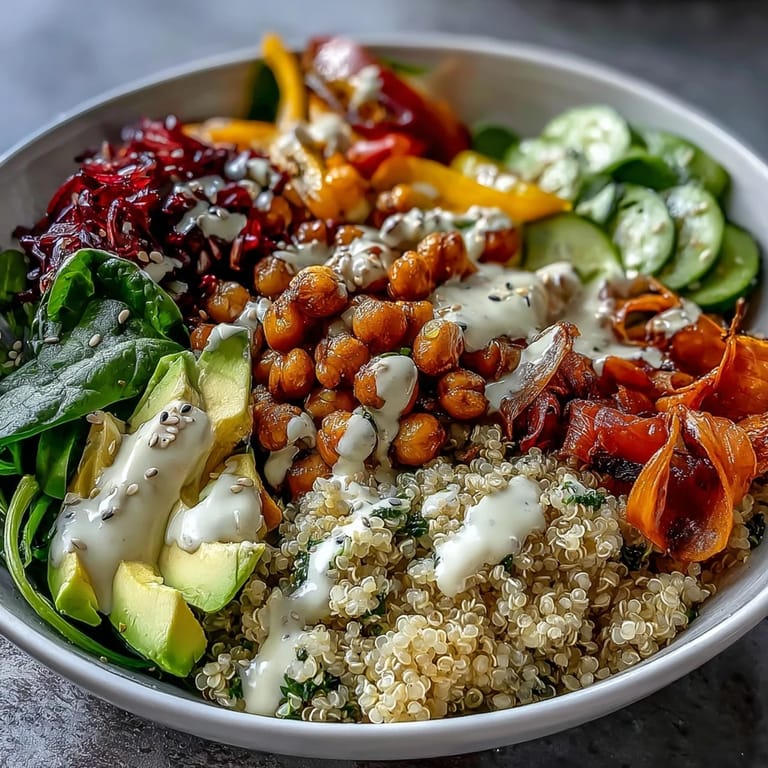 Healthy gluten-free Rainbow Buddha Bowl With Quinoa topped with crunchy seeds and fresh spinach, ready to serve.