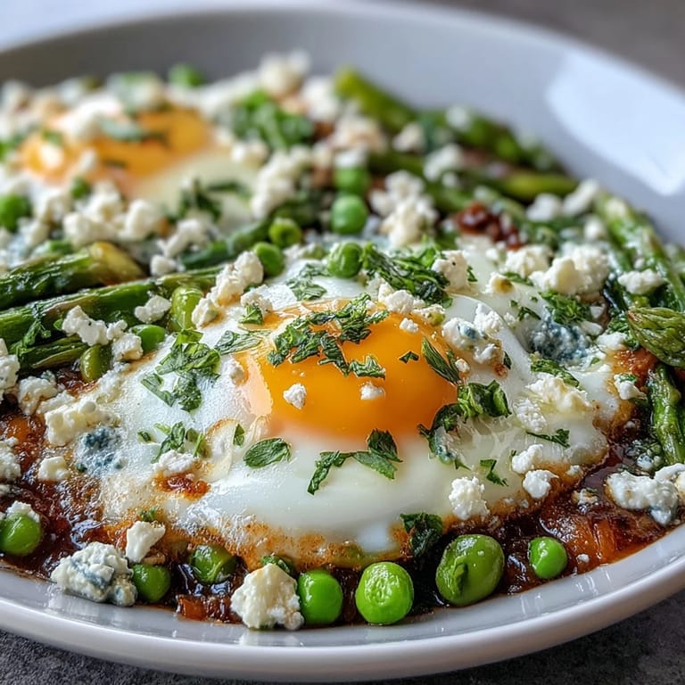 Hearty Pea and Broad Bean Shakshuka is served steaming from the skillet, garnished with fresh herbs and crumbled feta.