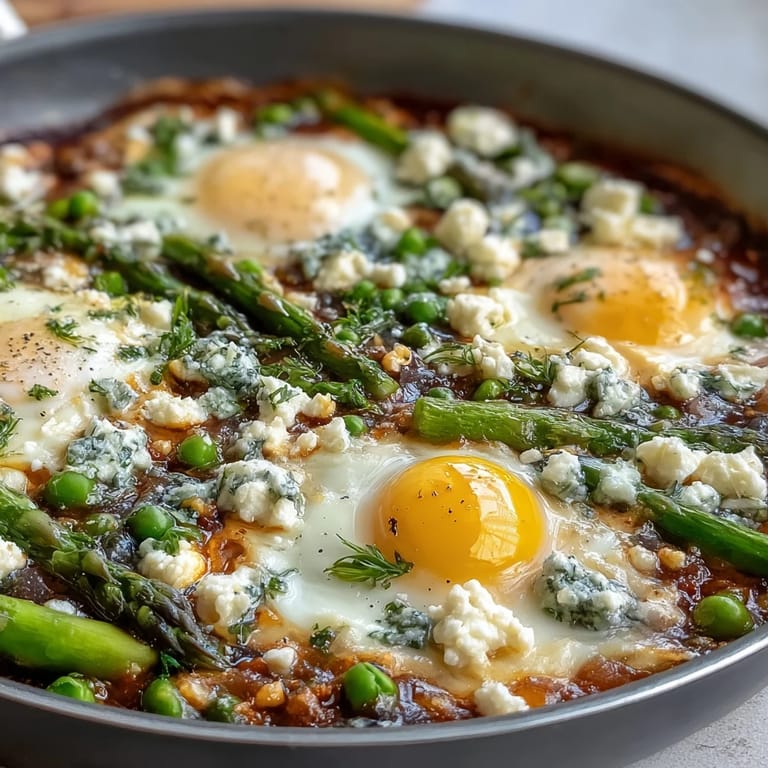 Spring-inspired Pea and Broad Bean Shakshuka with tender asparagus, perfect for dipping crusty bread into the runny egg yolks.