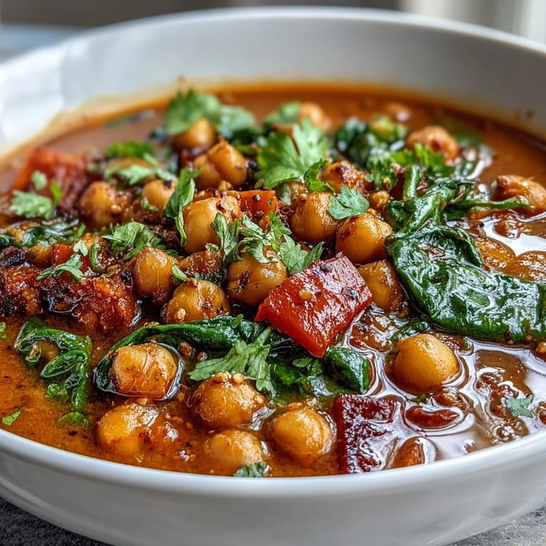 A hearty serving of Spicy Chickpea Stew in a rustic bowl, topped with parsley and a side of crusty bread.