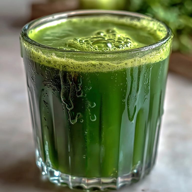 Close-up of vibrant green juice with kale and cabbage, highlighting its refreshing texture and healthy detox properties.  
