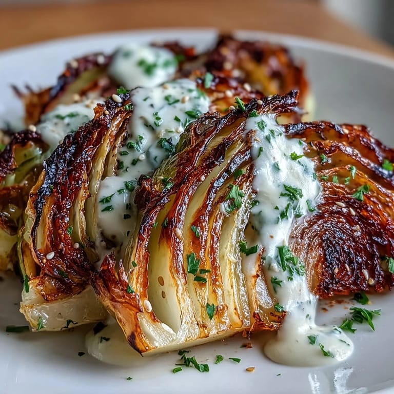 Savory roasted cabbage wedges served warm, topped with a lemony tahini sauce and fresh herbs for a vibrant, healthy side dish.