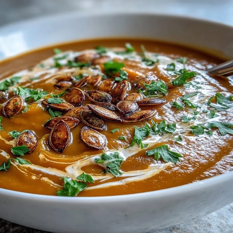 Golden, velvety butternut squash soup in a rustic mug, drizzled with coconut milk and perfect with crusty bread for dipping.