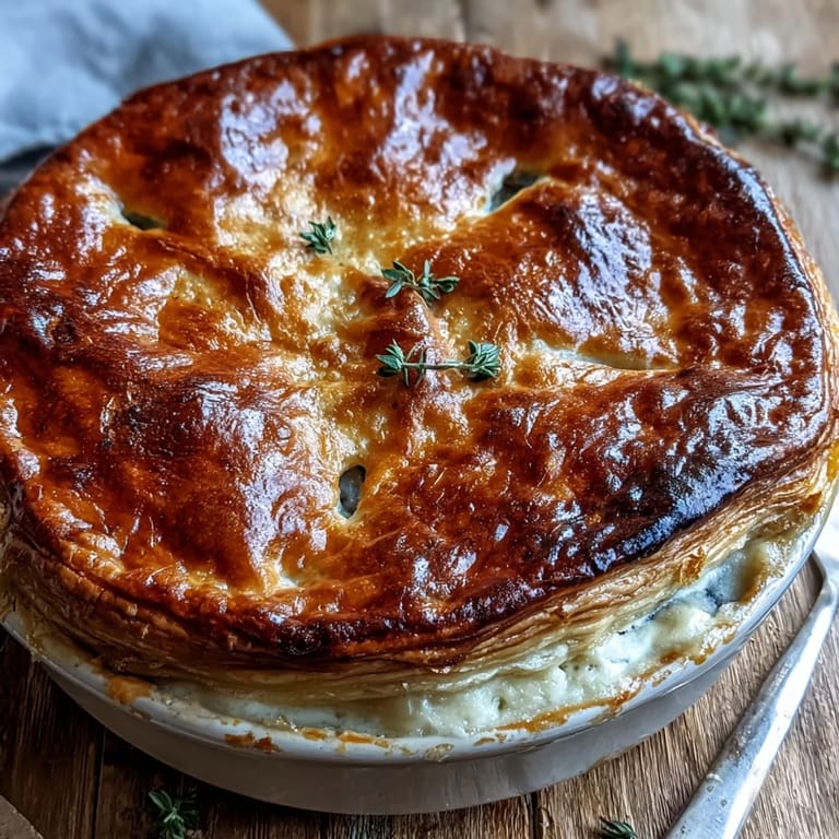 Freshly baked Chicken and Leek Pie with a glossy egg wash crust, bubbling with creamy chicken, leeks, and herbs on a rustic plate.
